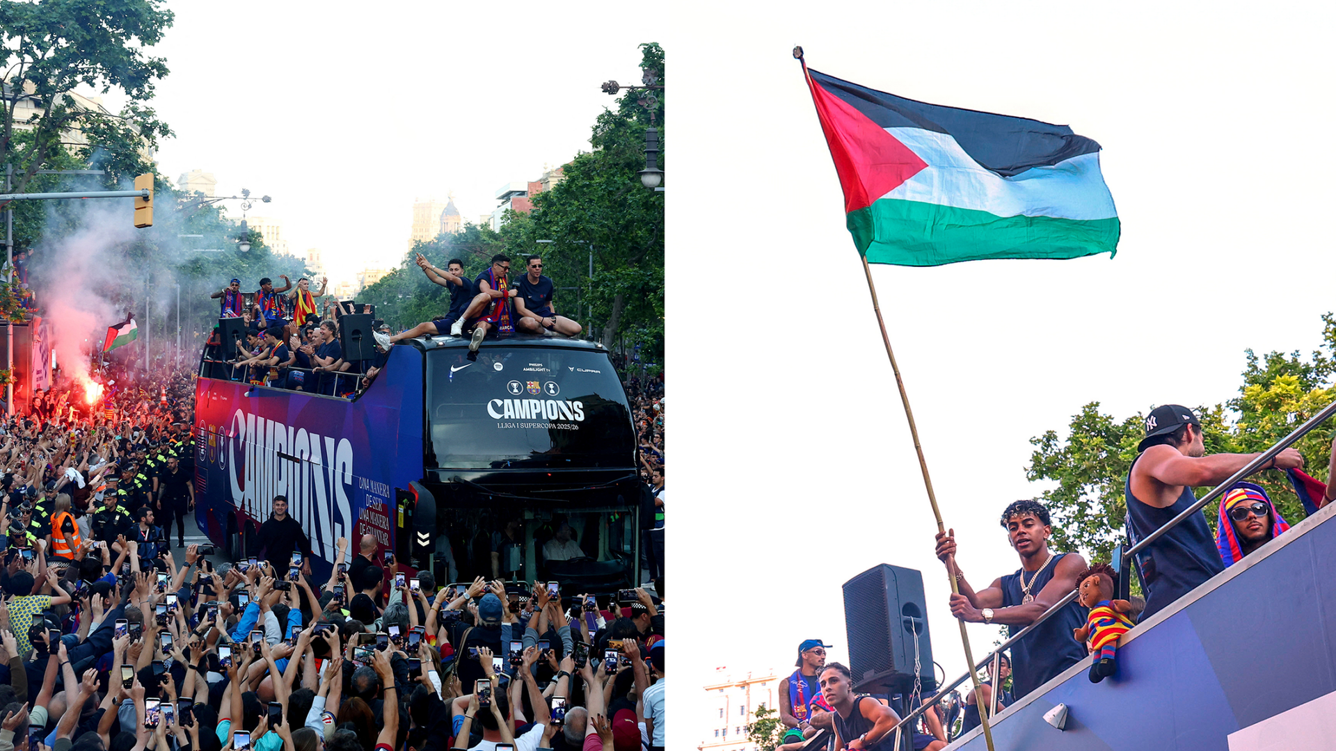 Barcelona's Lamine Yamal waves Palestinian flag during La Liga victory parade